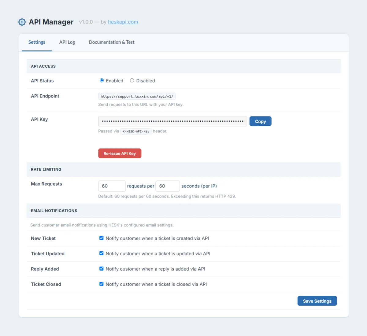 HeskAPI API Manager admin panel inside HESK — API status, endpoint, key, rate limiting, and per-event email notification settings
